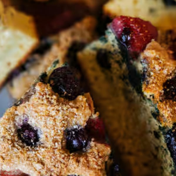 Close-up of Java Beach's berry-filled baked goods, showcasing blueberries and raspberries in a golden crust.
